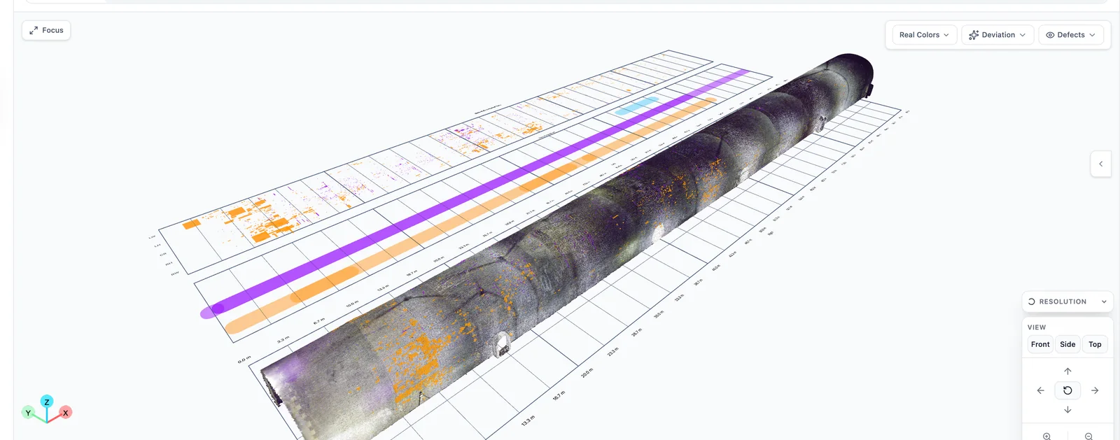 InfraMind platform viewer showing a full tunnel scan as a 3D point cloud with AI-detected defects highlighted, alongside the lining unrolled into flat chainage strips